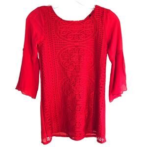 Girls Red  Lace Dress Size 10 Flare Sleeves M Medium Kids  Party Church